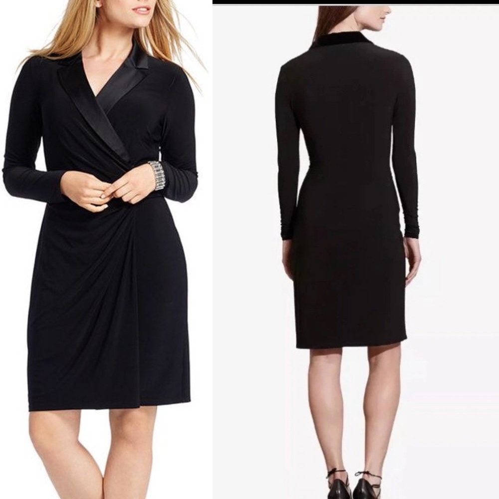 Lauren Ralph Lauren Black Long Sleeve Knee Long Dress Sz. 2 Stretch V-neck